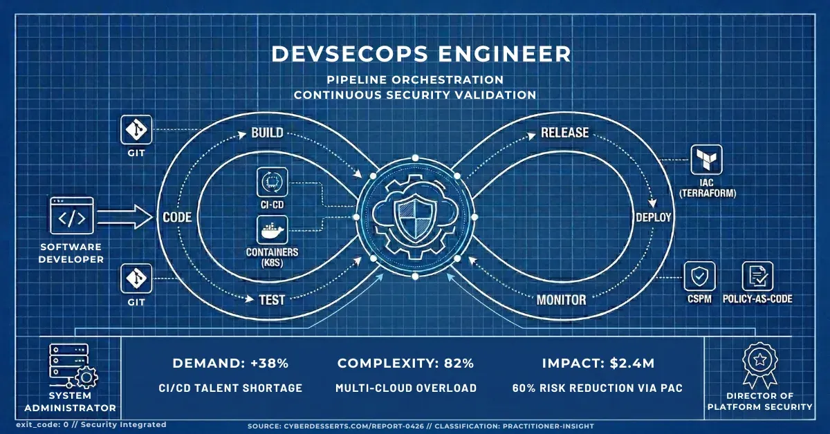 Detailed 2026 DevSecOps loop. Flow from Code and Build to Test, Release, and Monitor. Labels for Pipeline Orchestration and Continuous Security Validation. Infrastructure and leadership roles.