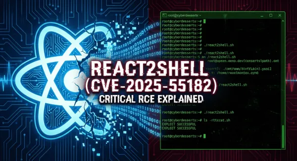 React2Shell vulnerability concept showing React Server Components leaking into a remote shell execution (CVE-2025-55182)