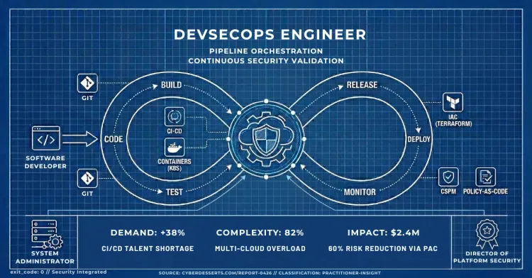 2026 DevSecOps lifecycle blueprint showing Code, Build, Test, Release, and Deploy. Features Git, Kubernetes, Terraform, and Policy-as-Code. Displays +38% vacancy growth and $2.4M impact stats